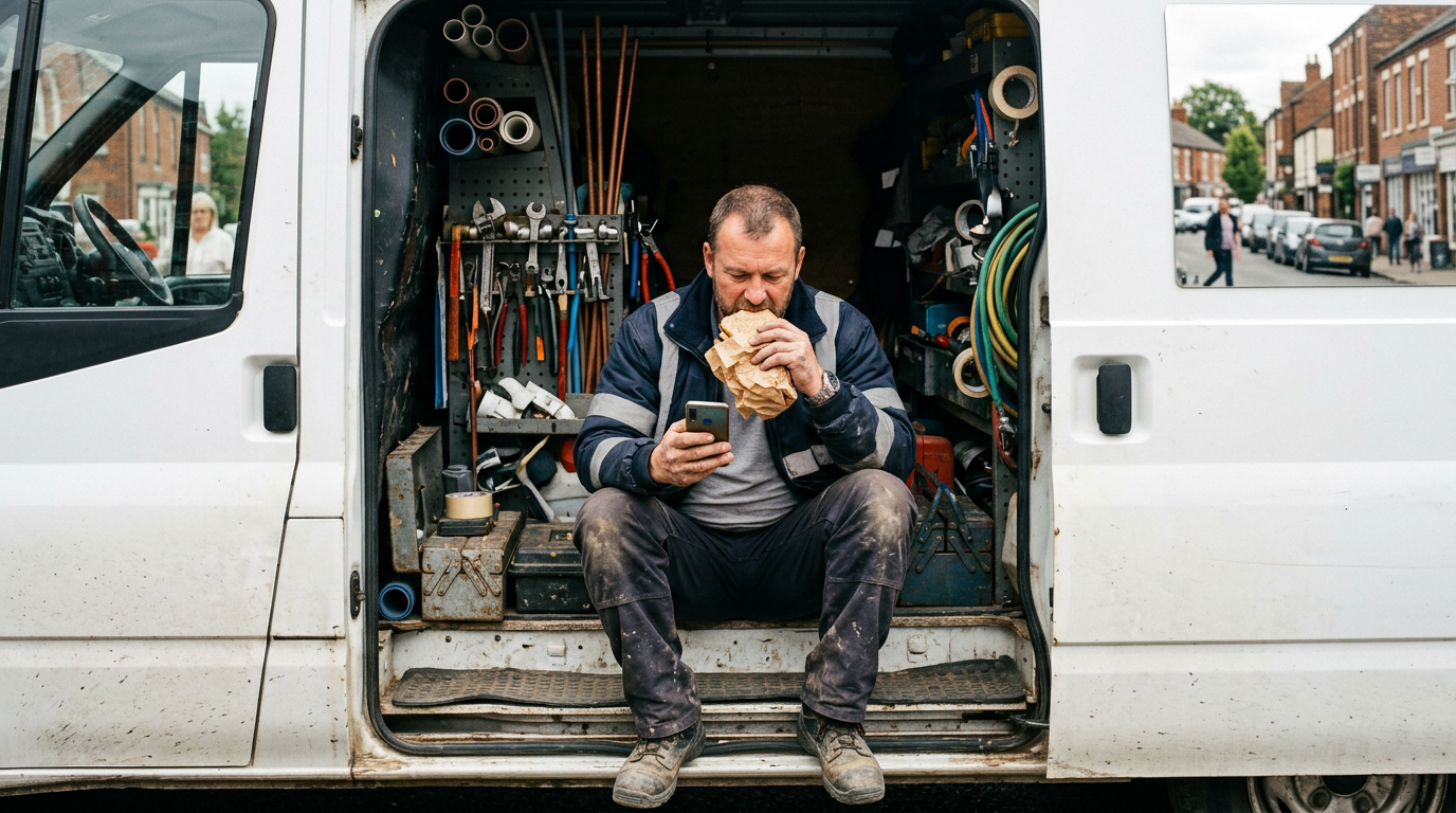 A plumber sitting in the open door of his van, eating a sandwich and looking at his phone
