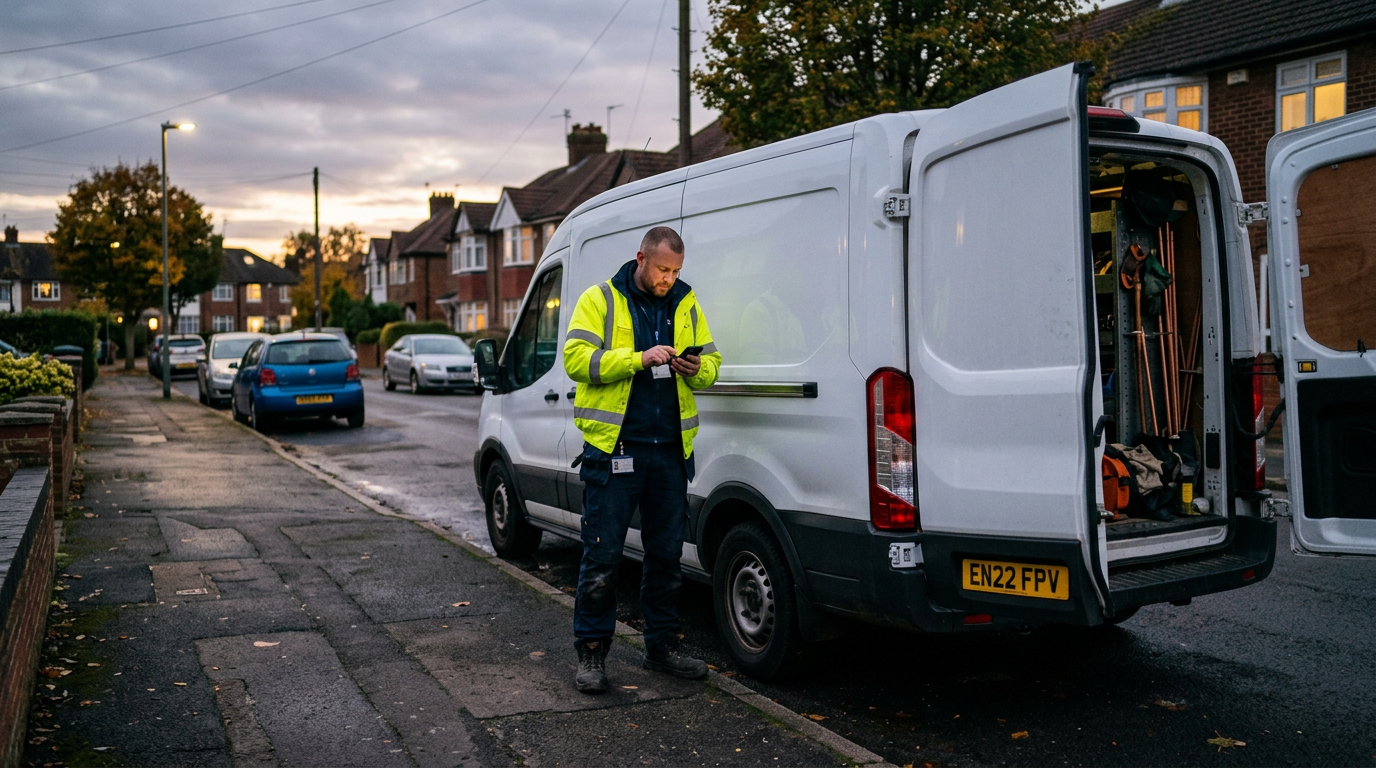 A heating engineer in a hi-vis jacket checking his phone beside a work van at dusk