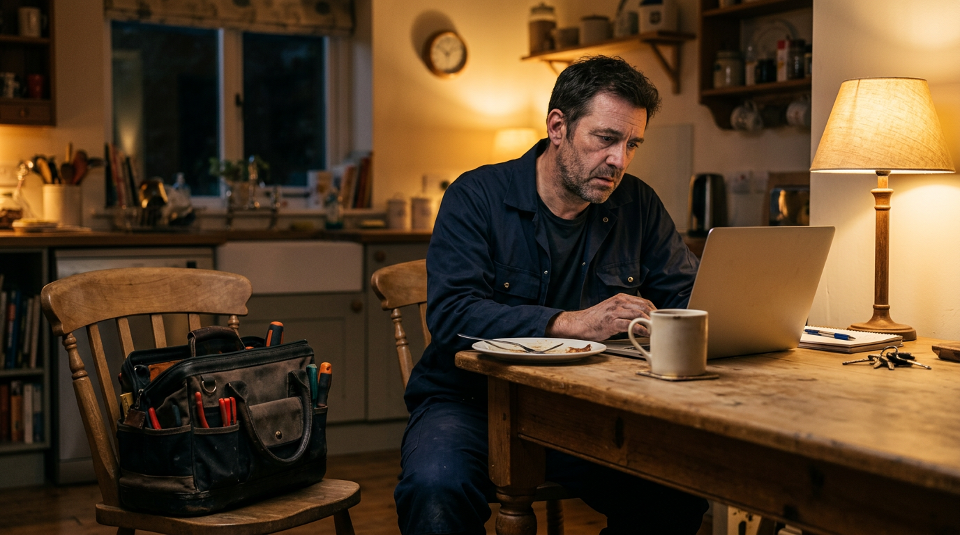 An electrician at a kitchen table in the evening, working on a laptop
