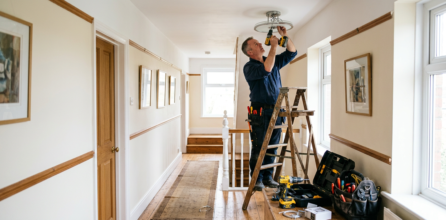 An electrician on a stepladder fitting a ceiling light in a hallway