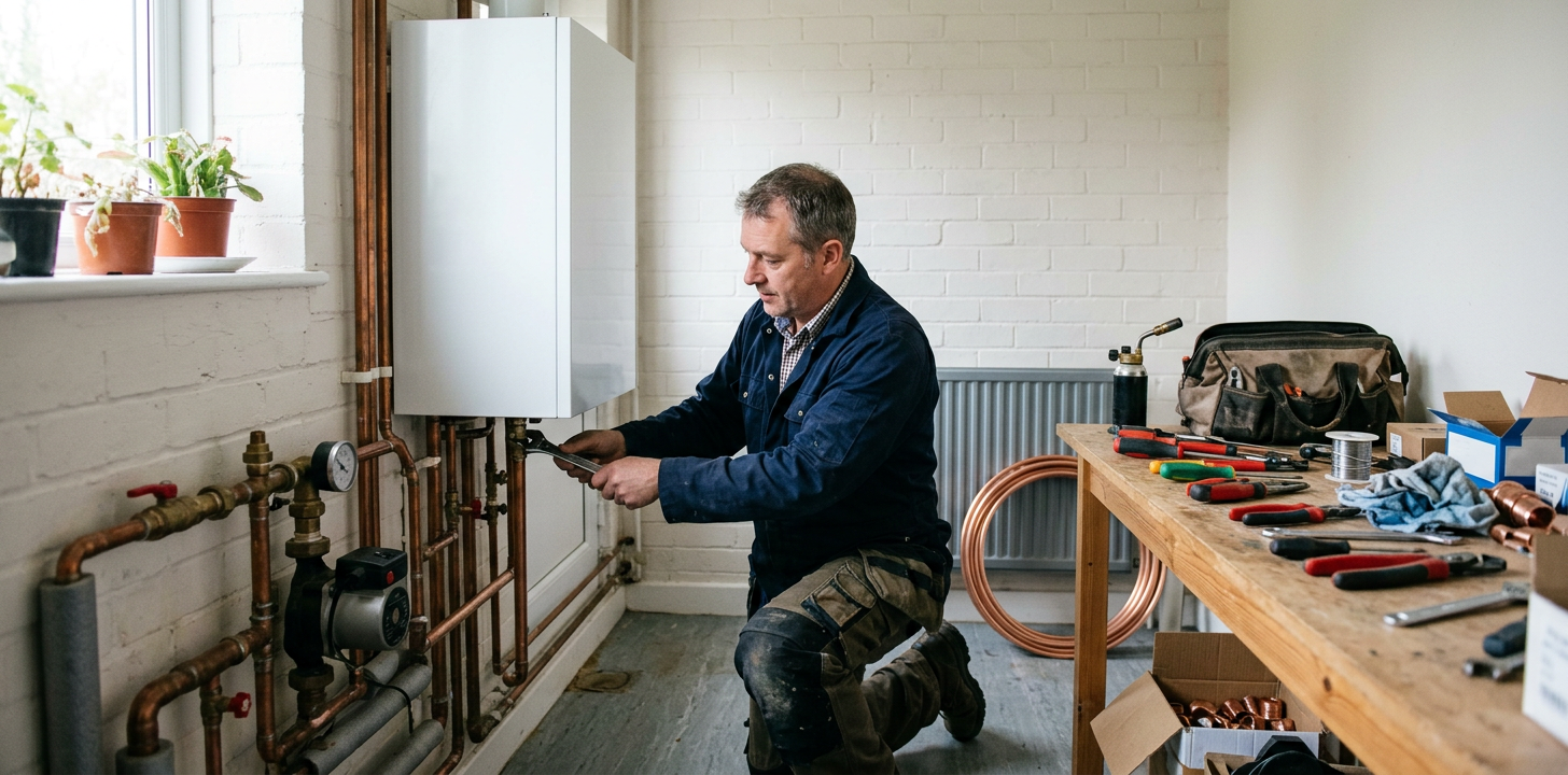 A heating engineer kneeling beside copper pipework in a utility room