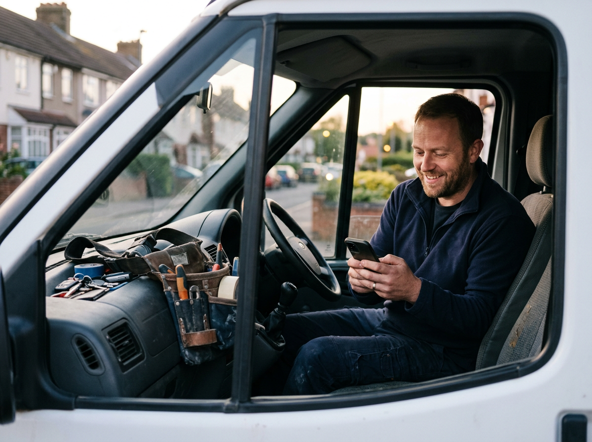 A plumber smiling at his phone from the driver's seat of his van in the evening